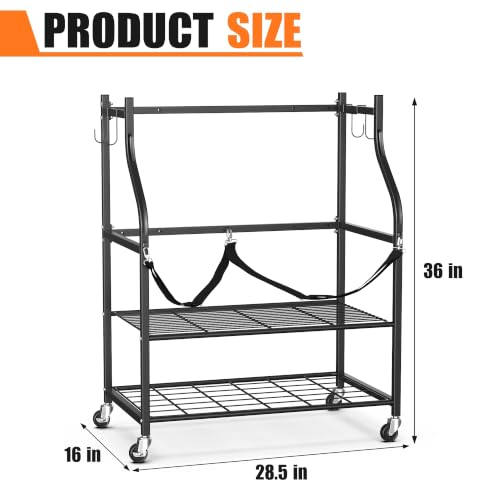 Golf Bag Storage Rack for Garage - Holds 2 Bags with Shelves & Hooks - Black, 28 Inch