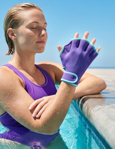 Water Resistance Swim Gloves for Aquatic Training - Purple/Teal Medium