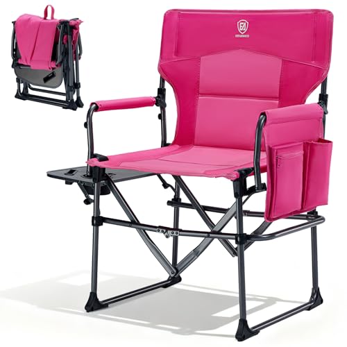 Pink Camping Directors' Chair with Side Table - Heavy Duty Portable Folding Lawn Chair, Supports 400lbs