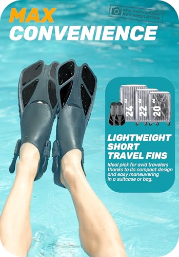 Snorkel Fins Short Travel Size Flippers for Swimming & Snorkeling - Black / S/M