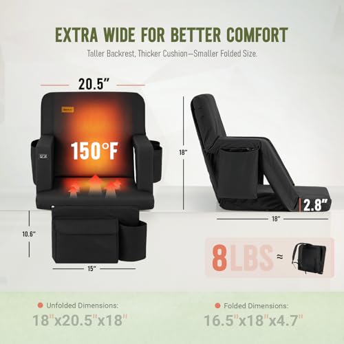 20.5 Inch Heated Stadium Seats 2 Pack with Back Support & Dual-Zone Heat - Portable Bleacher Chairs