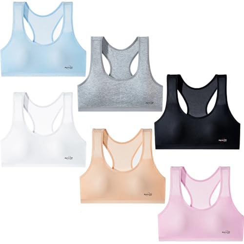 Kids Girls Sports Bras 6 Pack Cotton Wire-Free Underwear Set - Multicolor, 8-12 Years
