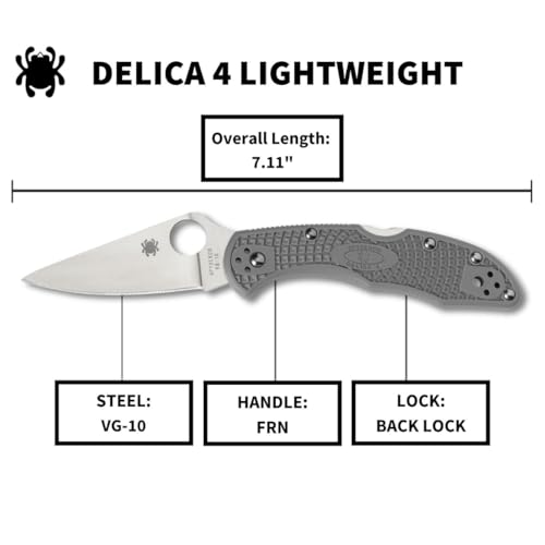 Spyderco Delica 4 Lightweight Folding Knife - Flat Ground Steel Blade, Grey Handle, 2.90 Inch Blade, Signature Pocket Knife - Variation of This Listing