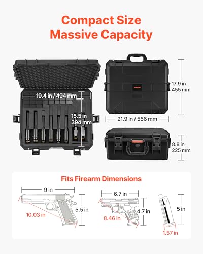 VEVOR Hard Pistol Case for 8 Pistols & 28 Magazines Waterproof TSA Travel Storage