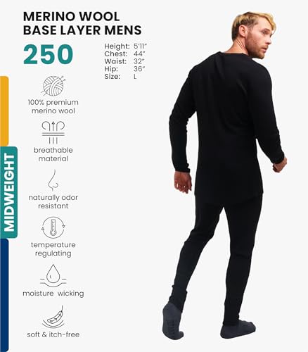 Men's Merino Wool Base Layer Set Large Black - Thermal Long Johns