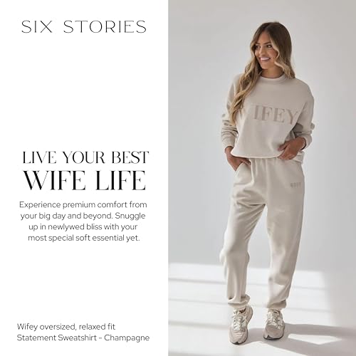 Oversized Wifey Sweatshirt for Newlywed Bride - Medium Beige Cozy Embroidered Champagne Crewneck