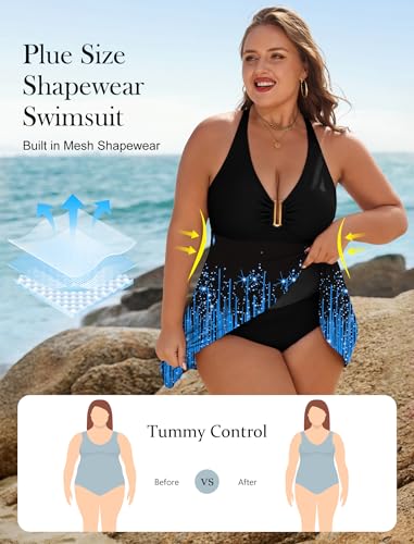 Arolina Women's One-Piece Swimsuit with Tummy Control Blue Shooting Star XL - Plus Size Swim Dress