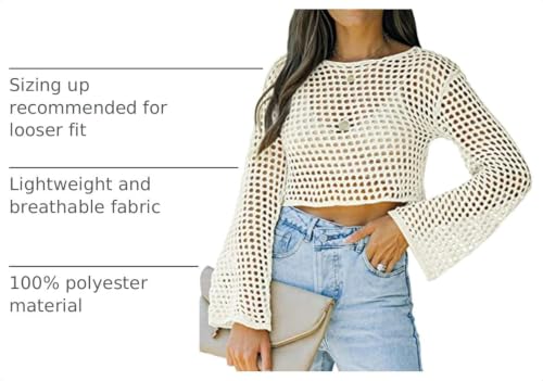 Women's Crochet Crop Top with Long Sleeves Mesh Fishnet Summer Cover Up - Small White