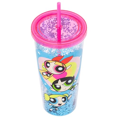Silver Buffalo The Powerpuff Girls Featuring Blossom, Bubbles, and Buttercup Plastic Confetti Cold Cup with Lid and Straw, 32 Ounces
