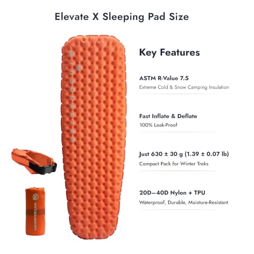 WINDQUESTER Elevate X Inflatable Backpack Sleeping Pad 4-Season R-Value 7.5, 20D/40D Nylon TPU Coated