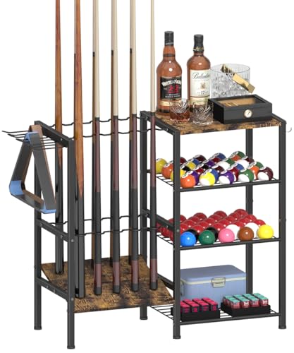 Pool Stick Holder for 10 Cues Floor Stand with 4-Tier Storage Shelf - Black - Variation of THIS listing