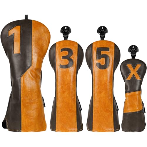 Golf Headcovers Set of 4 - Gray & Brown Classic Club Covers with Numbers 1 3 5 X - Premium Protection & Secure Fit