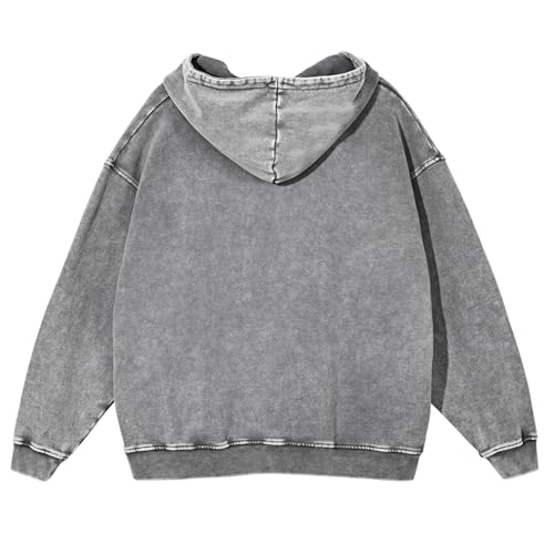 X-Large Mens Oversized Acid Wash Hoodie Cotton Pullover Streetwear Grey