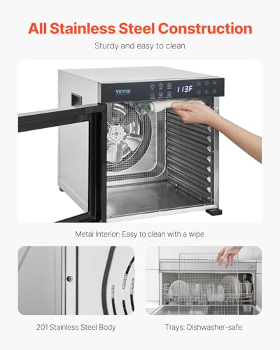 VEVOR Food Dehydrator Machine with 10 Stainless Steel Trays, 1000W Electric Food Dryer, Adjustable Temp & 24-Hour Timer, B Variation