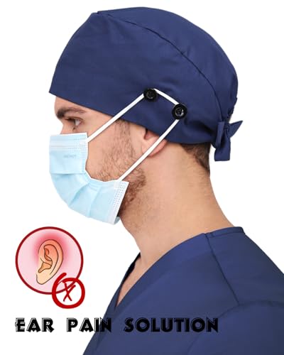 Black Navy Satin Lined Scrub Cap with 4 Buttons - Nurse Hat for Women Men
