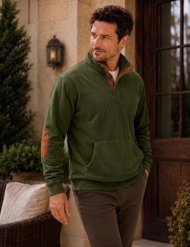 Men's Corduroy Sweatshirt Quarter Button Pullover XL Jungle Green