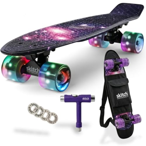 Purple Galaxy LED Skateboard for Kids & Teens - Complete Mini Cruiser Set with Backpack & Video Course