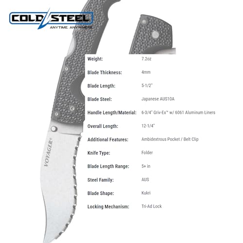 Cold Steel Voyager XL Vaquero Kukri Serrated Folding Knife - AUS10A Steel, 5.5" Blade