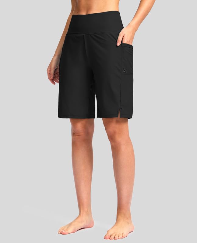 Women's 9-Inch Long Swim Board Shorts with Pockets - X-Large Black