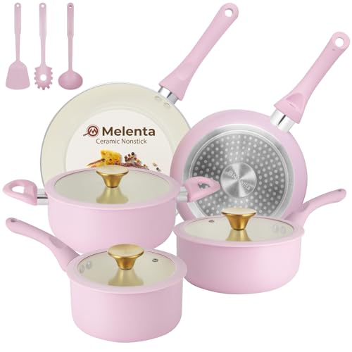 Pink Ceramic Non-Stick Pots and Pans Set 11pcs - M MELENTA, Compact Kitchen