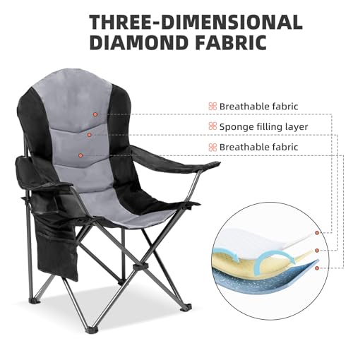 Foristrail 2-Pack Heavy Duty Folding Camping Chairs with Lumbar Support & Cup Holders, Black & Light Gray