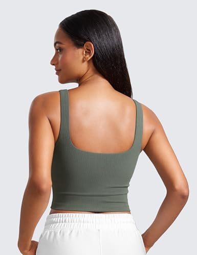Medium Grey Sage Ribbed Henley Crop Top for Yoga & Workout