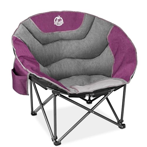Oversized Camping Moon Chair - Purple & Grey Folding Padded Saucer with Side Pocket, 500lbs Capacity