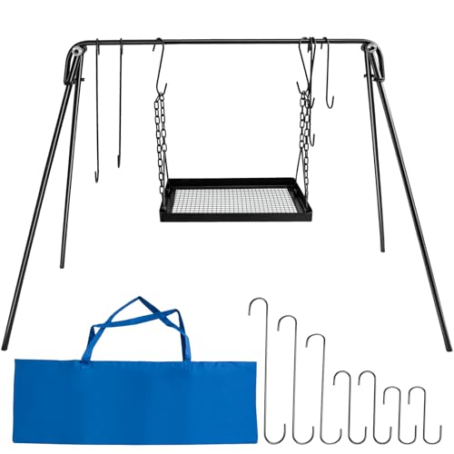 Portable Campfire Swing Cooking Grill Stand with Adjustable Grate & Hooks