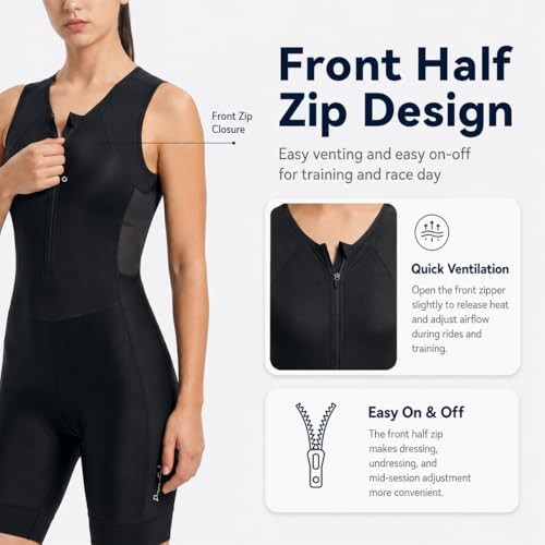 Women's Triathlon Suit - Sleeveless Padded Half-Zip Trisuit, Medium, Black