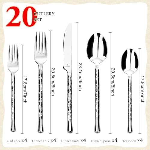 Silver Flatware Set 20pc Hammered Stainless Steel Cutlery - Forged & Durable Variation of This Listing