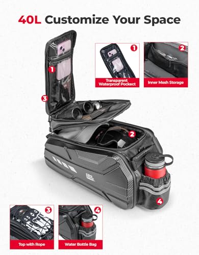 KEMIMOTO 40L Expandable Hard Shell Bike Rear Bag with Rain Cover, Reflective Strips