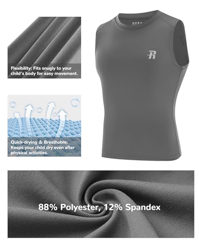 Runhit Boys Sleeveless Athletic Compression Tank Top Kids Quick Dry Sports Shirt - Large Grey