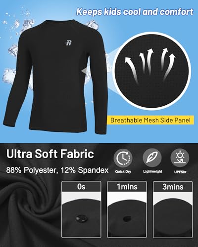 Runhit Youth Boys Compression Shirt Long Sleeve Athletic Undershirt - Large Black UPF 50+