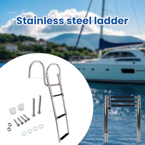Silver 3-Step Telescoping Boat Ladder - Heavy Duty Stainless Steel Pontoon Boarding Ladder with Wide Steps & Hand Railings