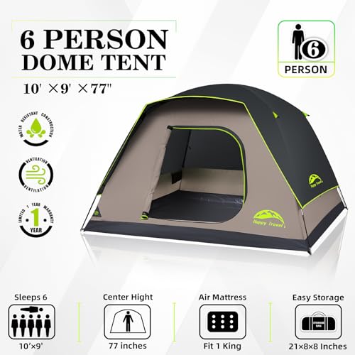 Black 6-Person Dome Camping Tent with Rainfly, Spacious & Waterproof