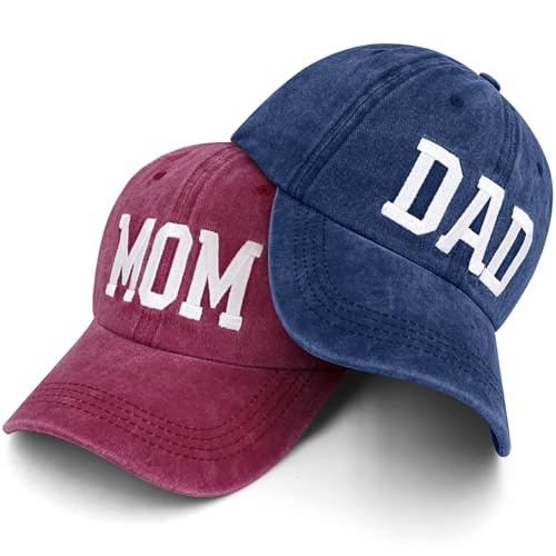 Mom and Dad Hats for New Parents Gift Set - Embroidered Adjustable Baseball Caps, Red Mom & Blue Dad, One Size