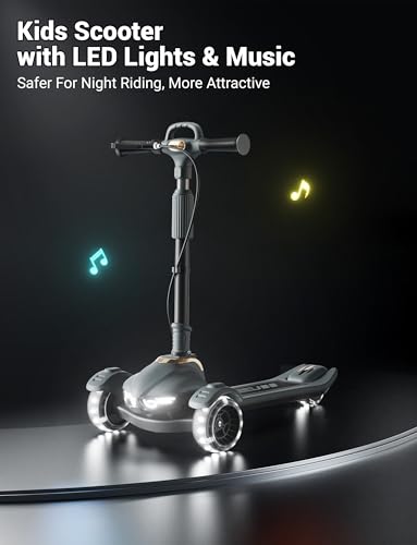 Aeneadbaby Kids & Adult Black Scooter with Dual Brakes, Lights, 5-Level Adjustable & Folding
