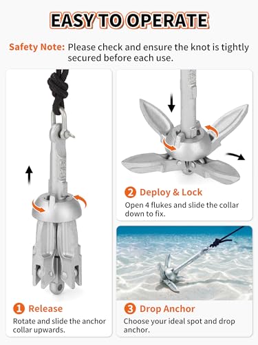 Silver 1.5 lb Folding Grapnel Anchor Kit with 40 ft Rope & Buoy for Kayaks and Small Watercraft