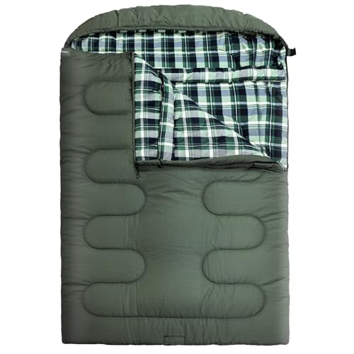 WKFAMOUT Olive Double Sleeping Bag for Adults, 2 Person Cold Weather Camping