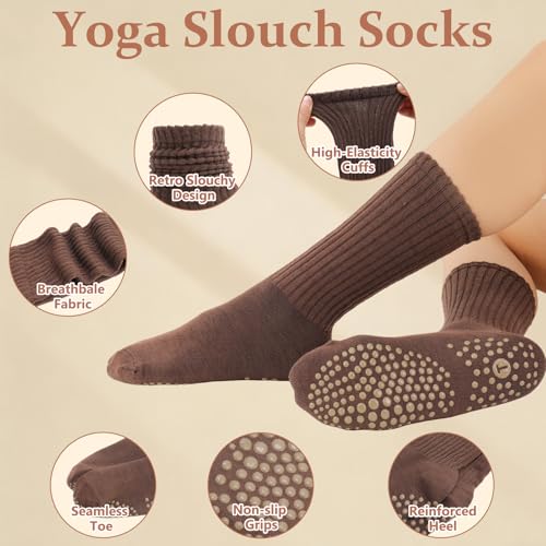 3/4/5 Pairs Slouchy Pilates Socks with Grips - Black, Dark Brown, Light Brown, Khaki