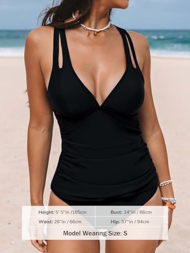 Women's Tankini Set V Neck Crossback Bathing Suit Ruched Tummy - Large Black