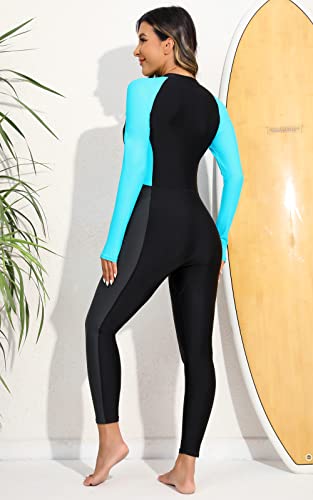 Women Zip Front Full Body Rash Guard with Built-in Bra - Light Blue, Black & Gray, Medium