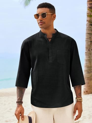 Men's Casual Linen Henley Shirt - 3/4 Sleeve Summer Beach T-Shirt Large Black