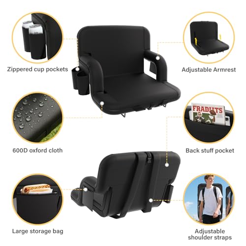 Extra Wide 25-Inch Stadium Seat with Back Support & Carry Straps – Black