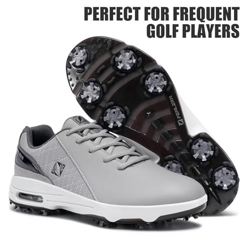 Men's Waterproof Golf Shoes Wide Spiked Non Slip Grey White - FENLERN 10