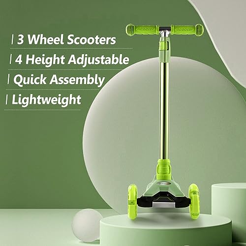Kids 3 Wheel Scooter with Light Up Wheels, Adjustable Height, Sturdy Deck - Green