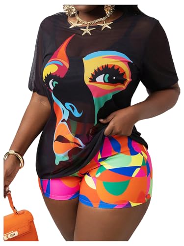 XX-Large Plus Size Women's Swimsuit Tankini Set with Shorts and Mesh Cover Up - Multicolor