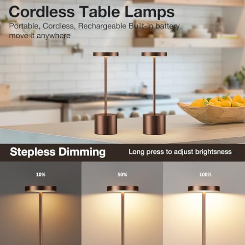 Kakanuo Brown Cordless LED Lamp Set 2 Pack, Rechargeable Touch Dimmable Table Lamps with 3 Color Temp