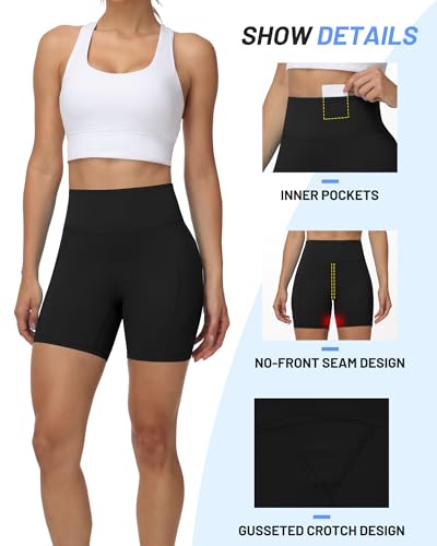 Women’s High Waist Biker Shorts - 3/5/8 Inch Spandex Tummy Control Yoga Workout Black Large