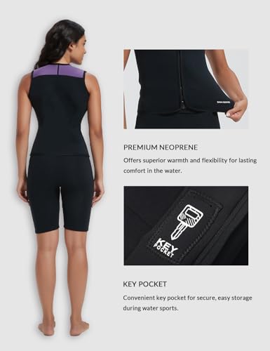 Purple 3mm Sleeveless Neoprene Wetsuit Top for Women - Water Sports Vest with Front Zip